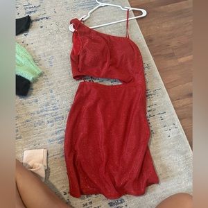 Size Medium, red glitter formal dress with cut out